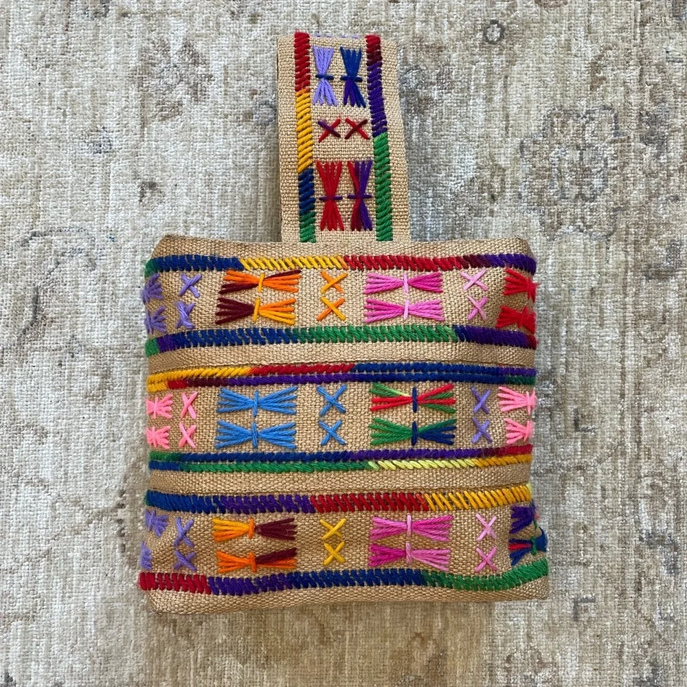 Vintage Colorful Burlap Bag. - Picture 1 of 14